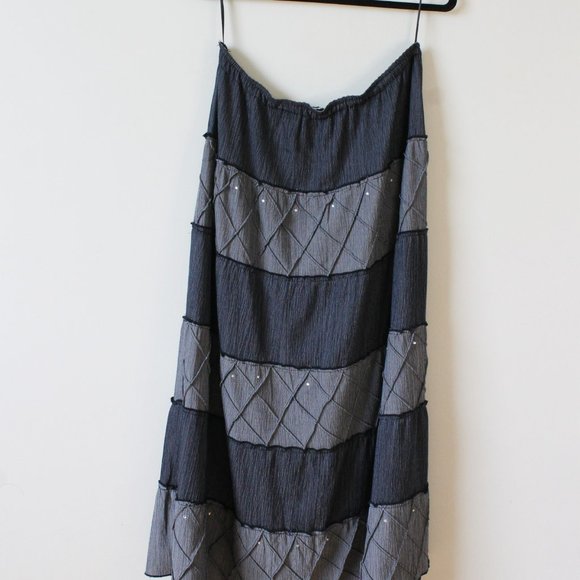 Y2K Vintage Denim Patchwork + Rhinestone Maxi Skirt 32"W - Picture 1 of 4